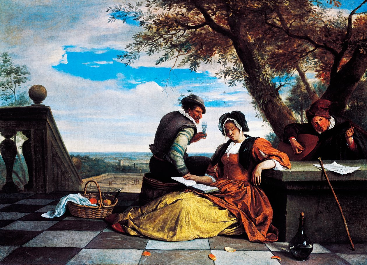 Two men and young woman making music on terrace بواسطة جان هافيكز. ستين