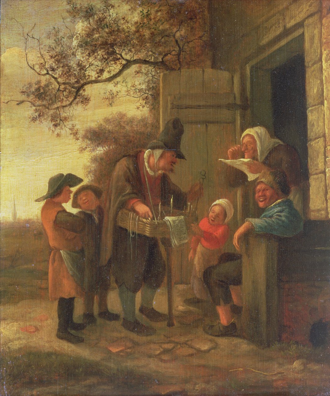 بيدلر يبيع النظارات خارج الكوخ ، c.1650-53 (لوحة) بواسطة جان هافكسزون ستين