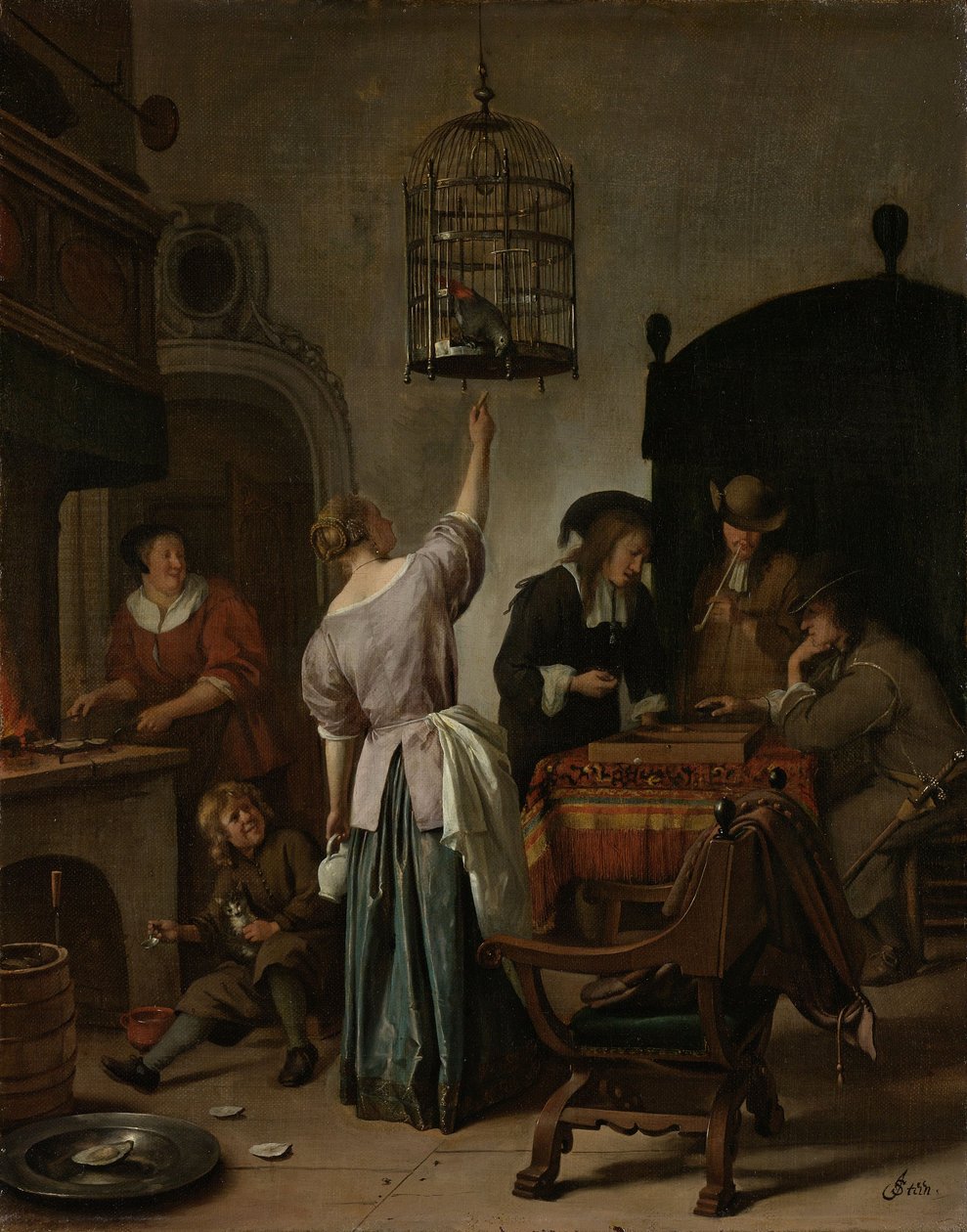 الداخلية مع امرأة تغذي ببغاء ، تعرف باسم "قفص الببغاء" ، c.1660-70 (زيت على قماش على لوحة) بواسطة جان هافكسزون ستين