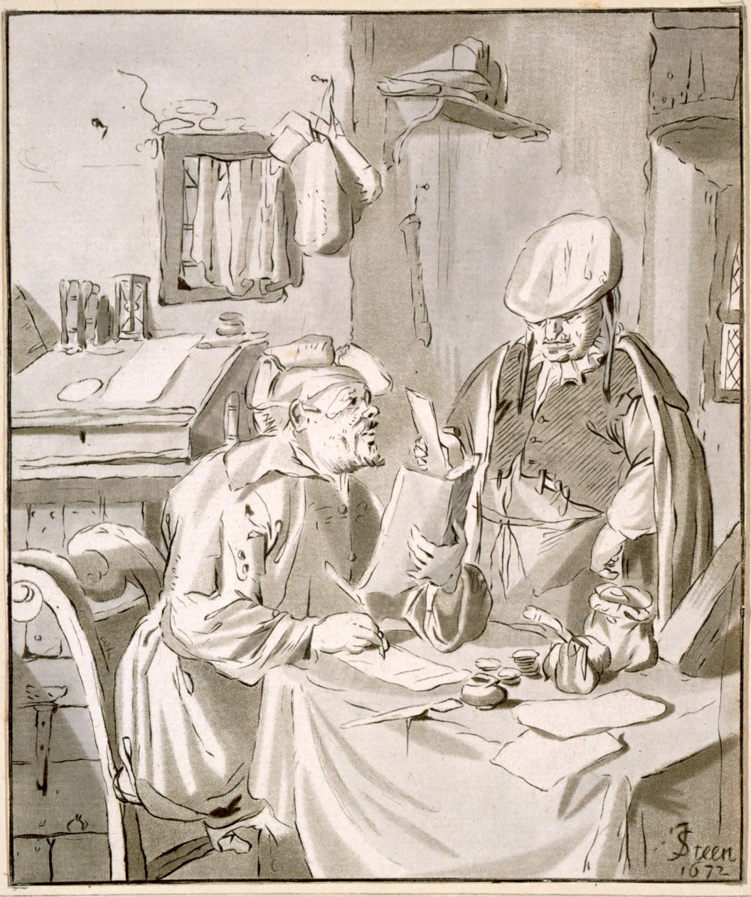 رجلان يناقشان المال في مكتب ، 1672 ، نسخته كورنيليس بلوس فان أمستيل (1726-1998) أو كريستيان جوزي (c.1765-1828) بواسطة جان هافكسزون ستين