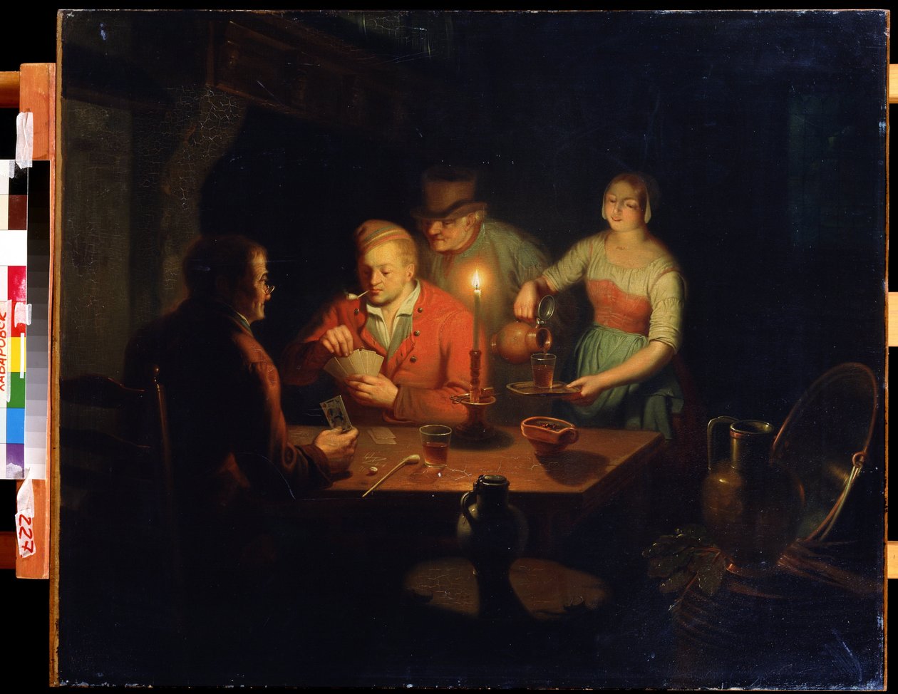 لعبة ورق. رسم جان هندريك فان جروتفيلد (1808-1855). زيت على خشب ، 70 × 93 سم ، فن هولندي من القرن التاسع عشر. متحف الشرق الأقصى ، خاباروفسك (روسيا). بواسطة جان هندريك فان جروتفيلت