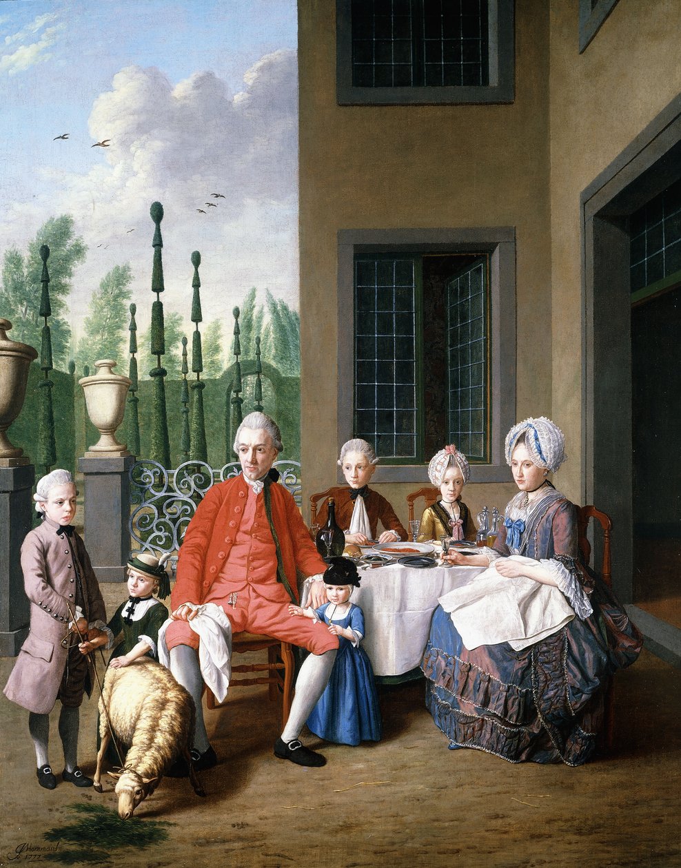 صورة جماعية لعائلة van den Bosch ، تناول الطعام بجوار منزل ، حديقة توبياري بعدها ، 1777 بواسطة جان جوزيف الأصغر حورمان