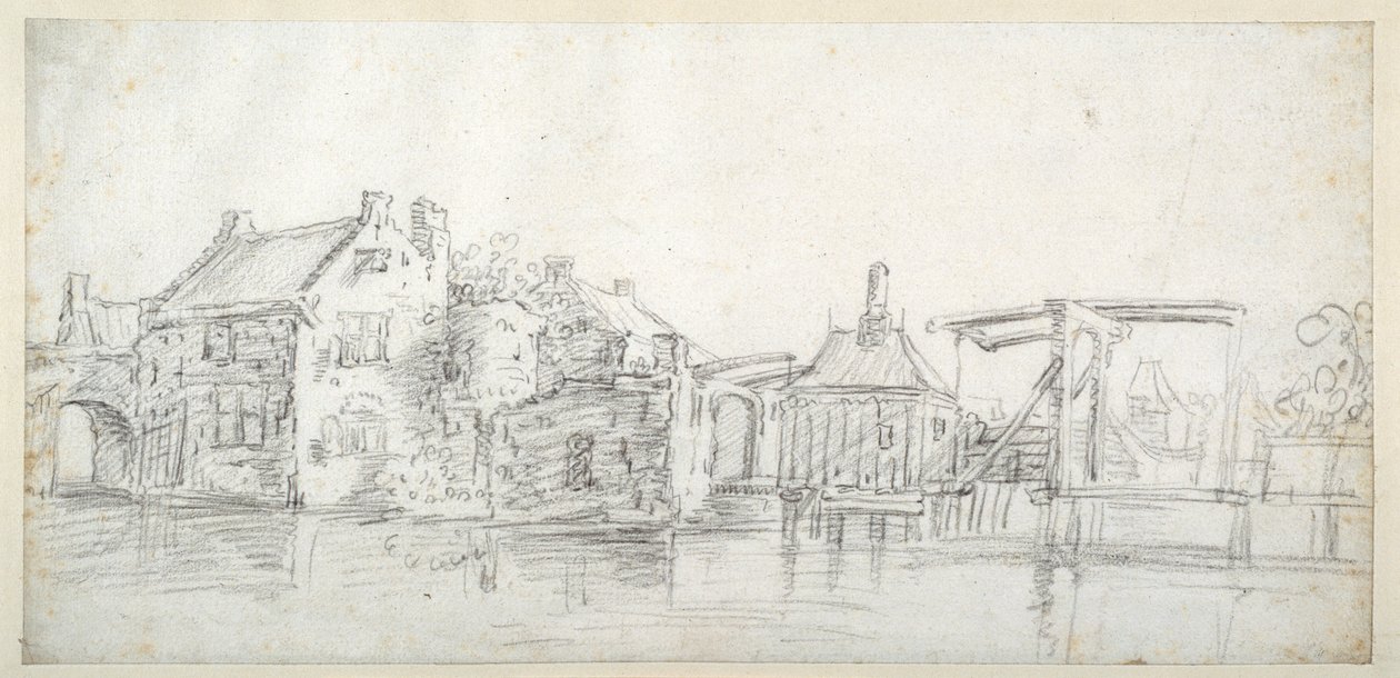 A canal with buildings, including a toll house and a toll bridge, c.1650 (black chalk on white paper) بواسطة يان جوزيفس. فان (دائرة) جوين