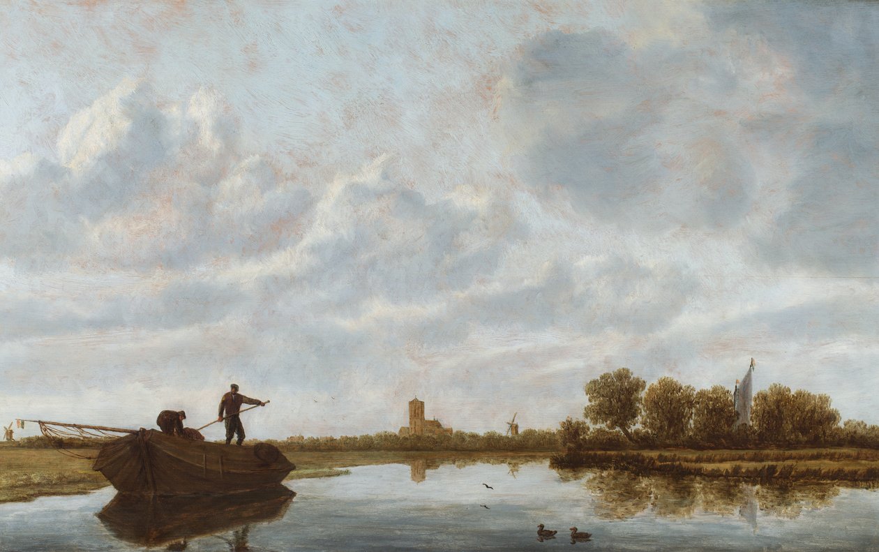 رجال على مركب في منظر طبيعي نهري مع كنيسة بعيدة (زيت على لوحة) بواسطة يان جوزيفس. فان (دائرة) جوين