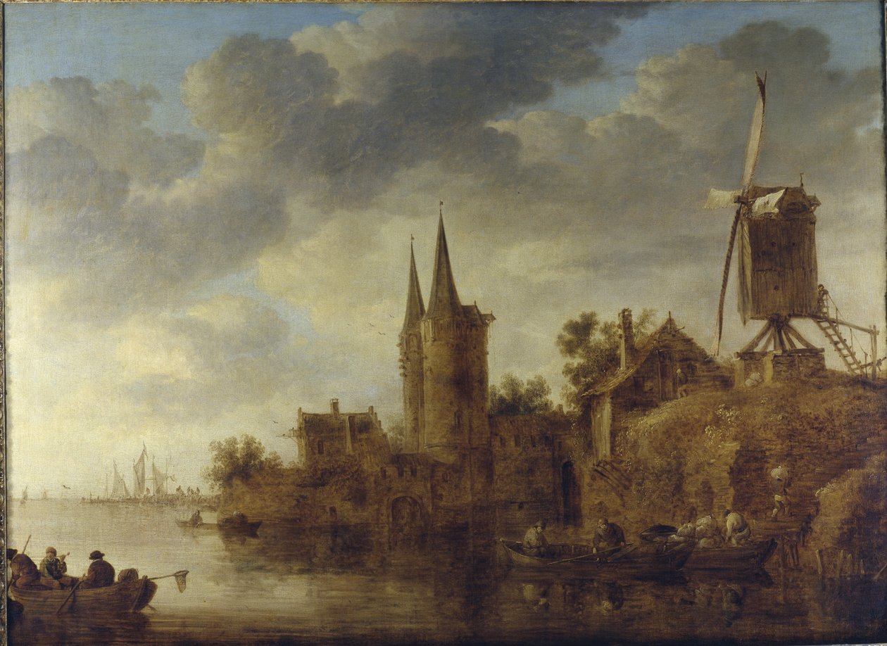 A river landscape with a capriccio of the Oostport, Delft, c.1644 (oil on canvas) بواسطة جان جوزيفز فان جوين