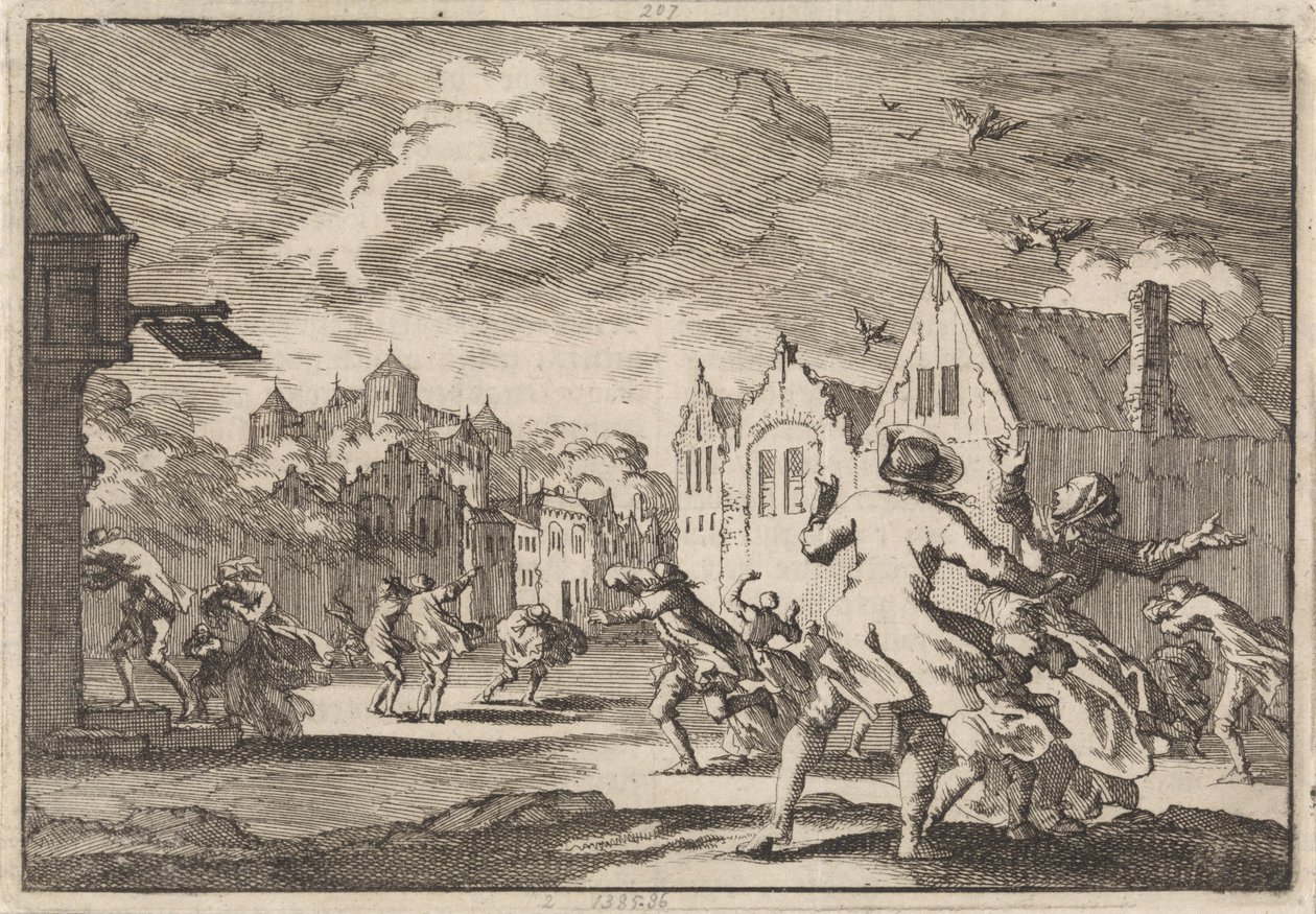 تعرض سكان قرية بالقرب من قلعة Luchow في Lüneburg للهجوم من قبل زوبعة تسقط فيها الطيور من السماء ، 1671 بواسطة جان لويكن