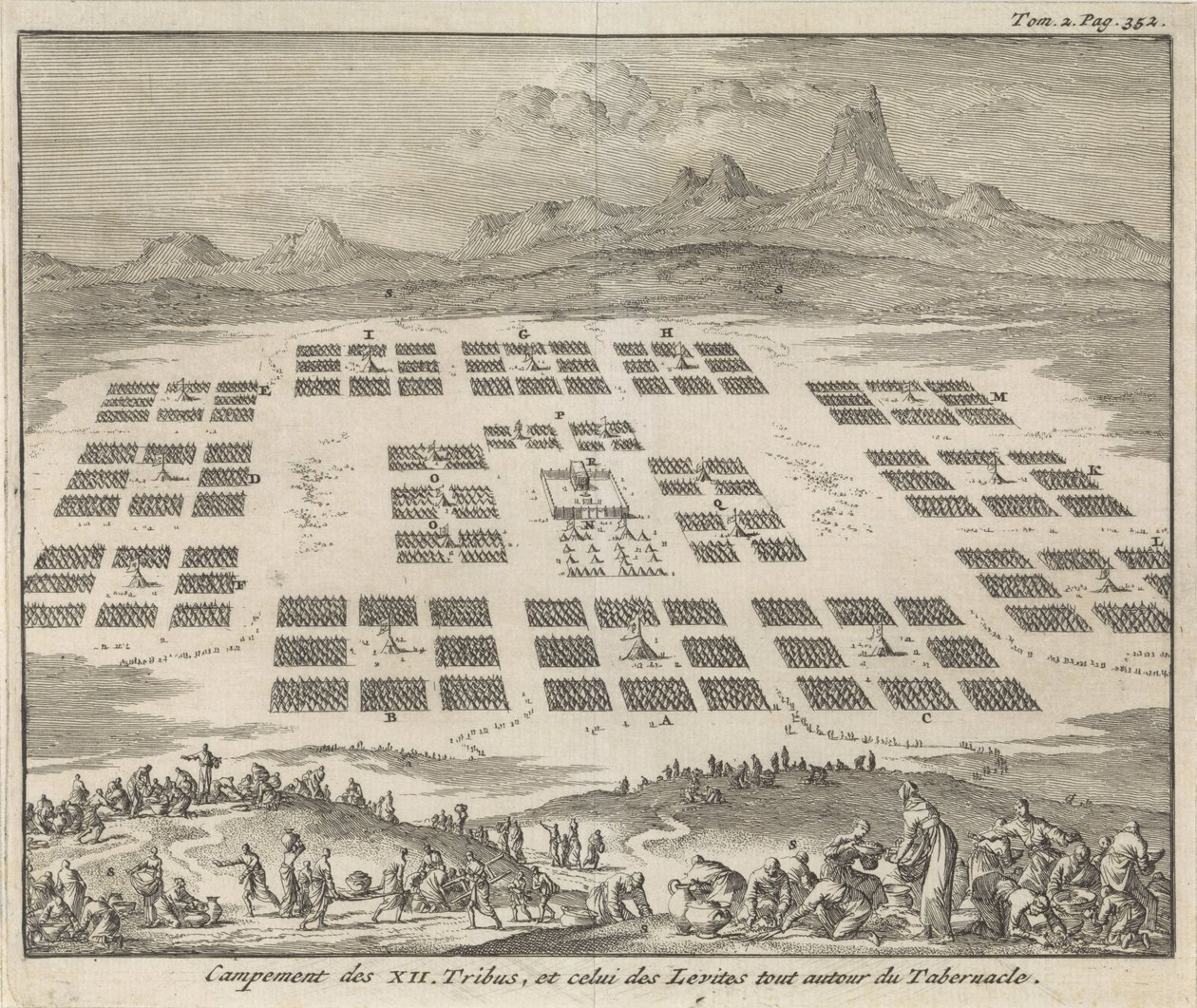 تم ترتيب معسكرات الخيام الخاصة بالقبائل الإثني عشر في إسرائيل حول خيمة الخيمة Campement des XII Tribus ، et celui des Levites tout autour du Tabernacle (العنوان على الكائن) بواسطة جان لويكن