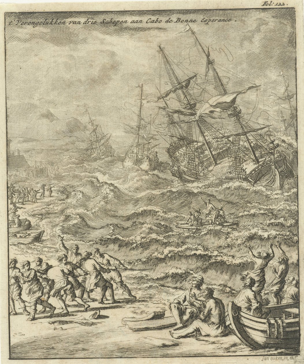 حطام السفينة في رأس الرجاء الصالح ، 1693 تحطم ثلاث سفن في كابو دي بون الترجي (العنوان على الجسم) بواسطة جان لويكن