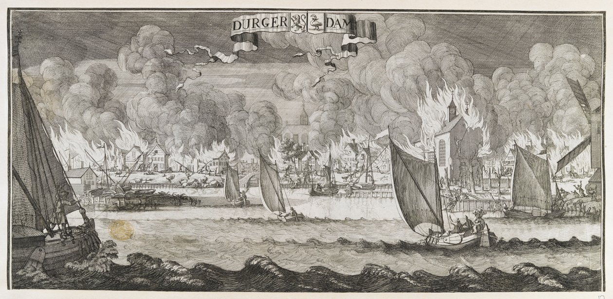 منظر لقرية Durgerdam ، بالقرب من أمستردام ، أثناء حريق عام 1687 (نقش) بواسطة جان لويكن