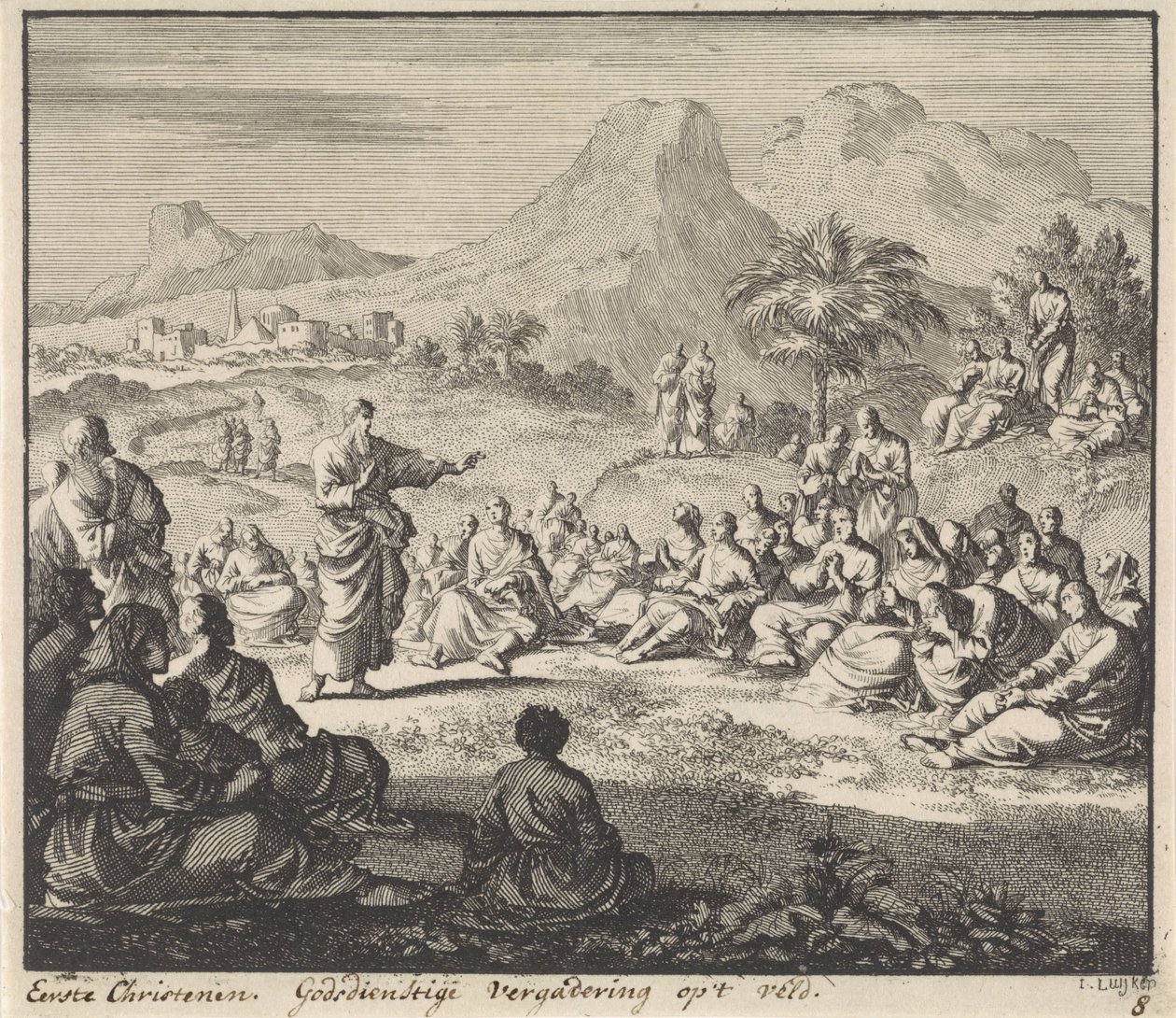 يستمع المسيحيون الأوائل إلى عظة في البرية لقاء ديني في الميدان (العنوان على الكائن) بواسطة جان لويكن