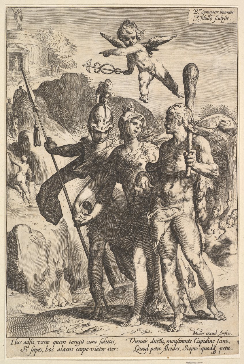 عرض هرقل على الطريق الجبلي إلى معبد الشهرة الخالدة في الرفقة ... ، كاليفورنيا. 1591. بواسطة جان مولر
