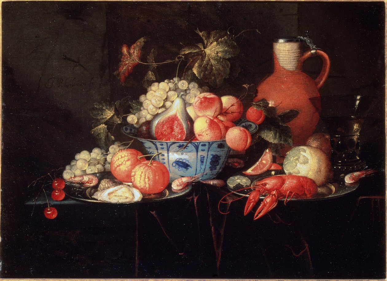Still life with fruits and crayfish - il on canvas, c.1660 بواسطة جان باول الثاني الأصغر جيلمان