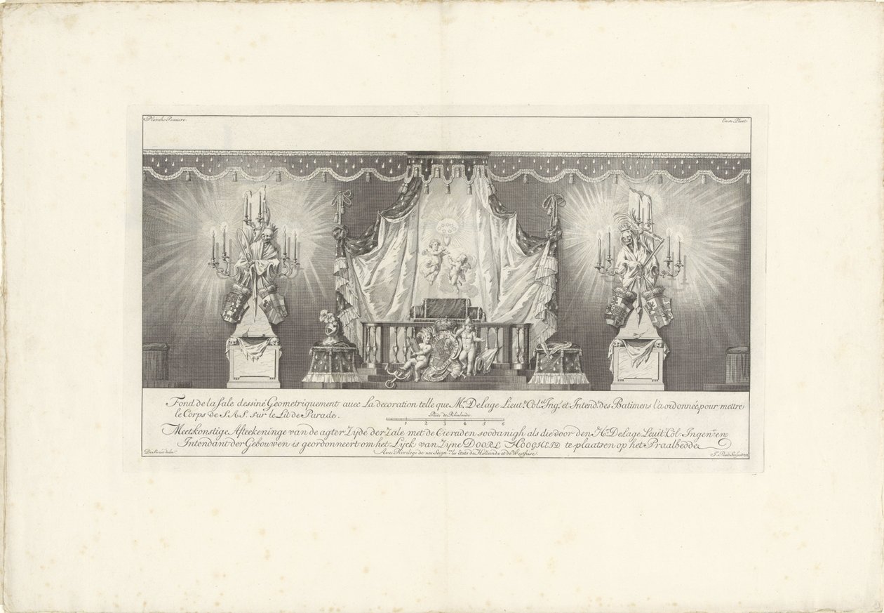 ظهر الغرفة مع سرير الولاية للأمير ويليم الرابع 1751 Fond de la sale dessiné Geometriquement (...) / Meetkonstige رسم خلف حرير القاعة مع Cieraden soodanigh كما هو مستخدم من قبل Hr. ديلاج ليويت. العقيد: Ingen.r والمراقب بواسطة جان بونت