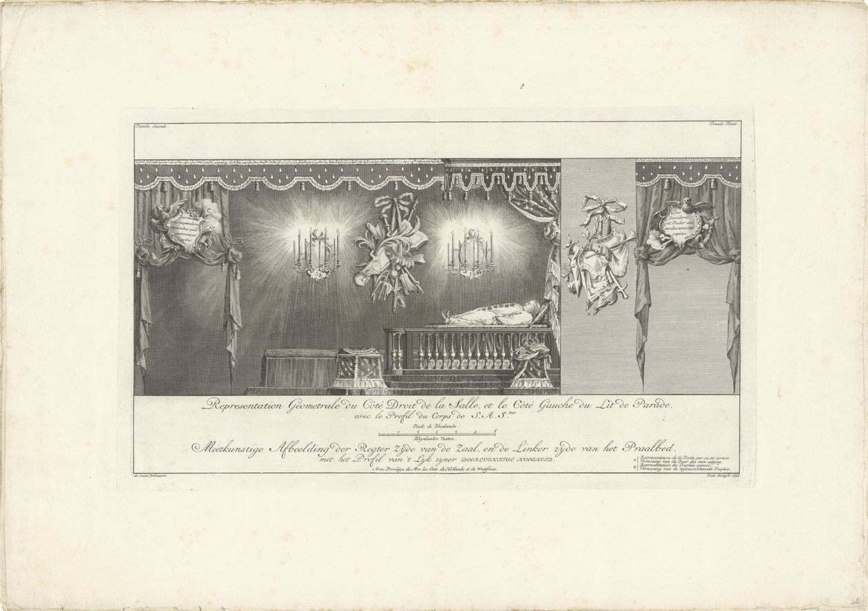الجانب الأيمن من الغرفة مع سرير الولاية للأمير ويليم الرابع ، 1751 تمثيل Geometrale du Côte Droit (...) / Meetkonstige صورة الجانب الأيمن من القاعة ، والجانب الأيسر من Praalbed ، مع ملف تعريف 