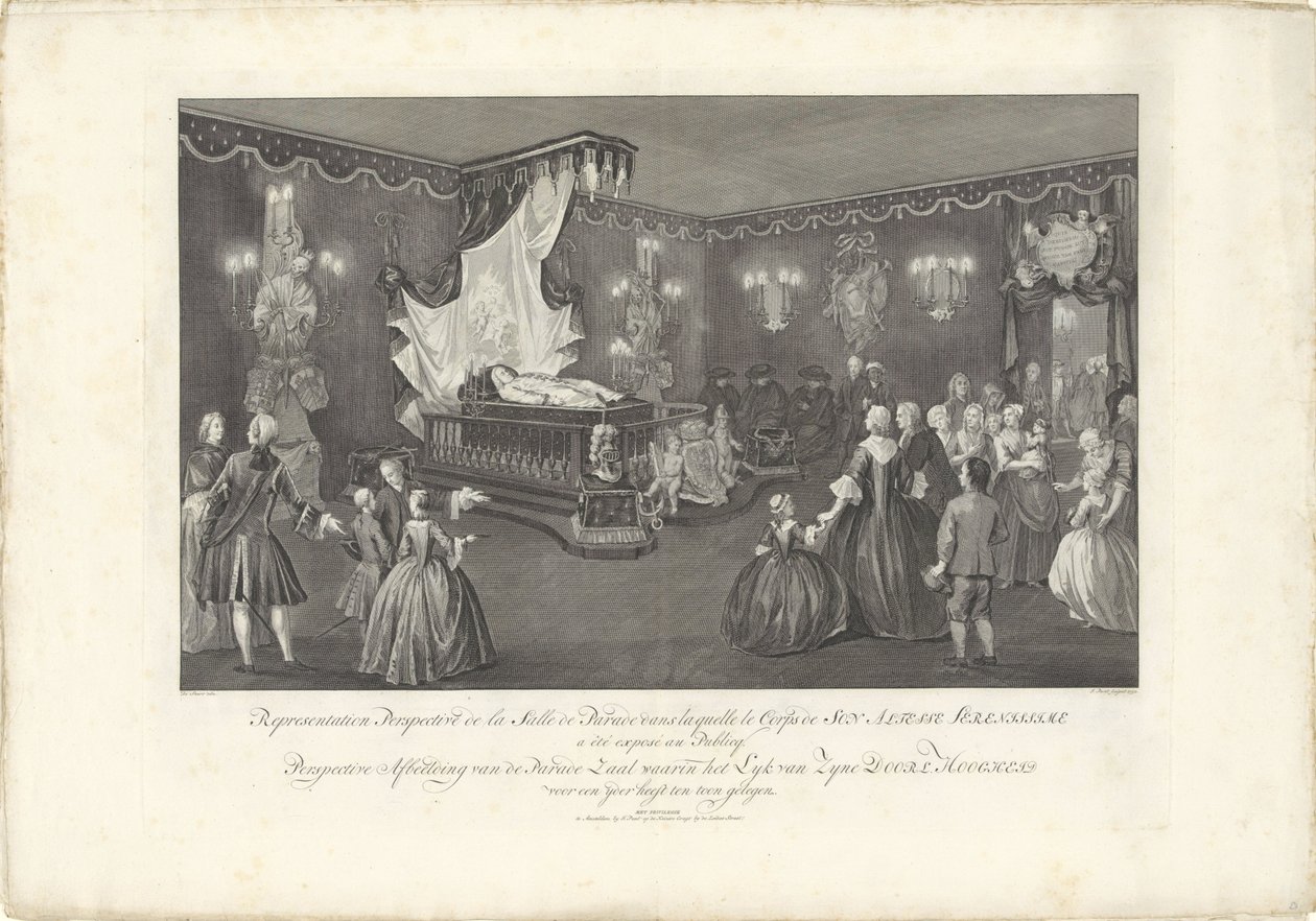 غرفة بسرير الولاية للأمير ويليام الرابع ، 1751 تمثيل منظور de la Salle de Parade (...) صورة منظورية لقاعة العرض التي فيها Lyk van Zyne Doorl. تم عرض السمو لمدة yder (العنوان على الكائن) محكمة دبليو بواسطة جان بونت