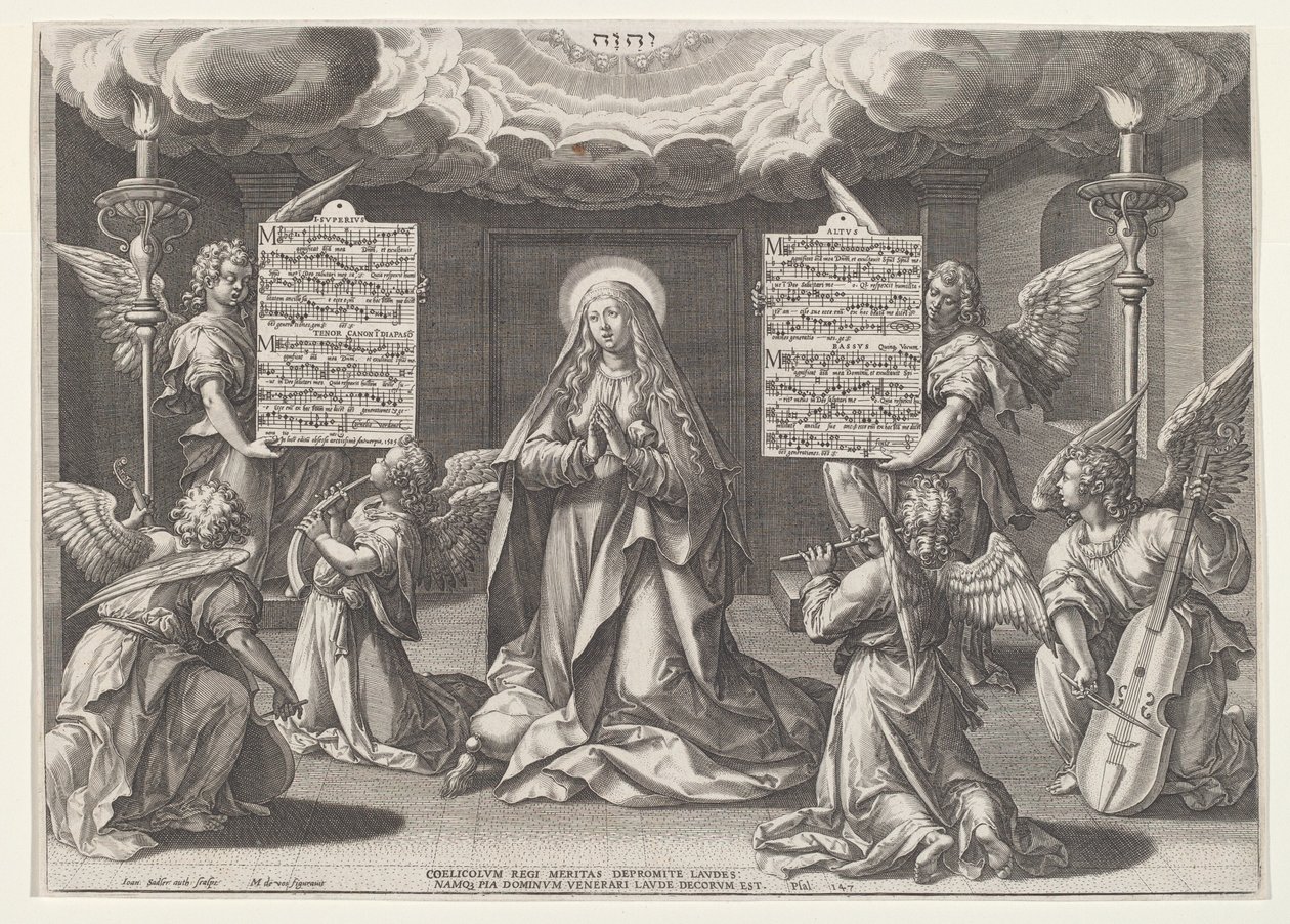 Magnificat: العذراء محاطة بملائكة صنع الموسيقى بواسطة جان سادلر الأول ، بعد مارتن دي فوس