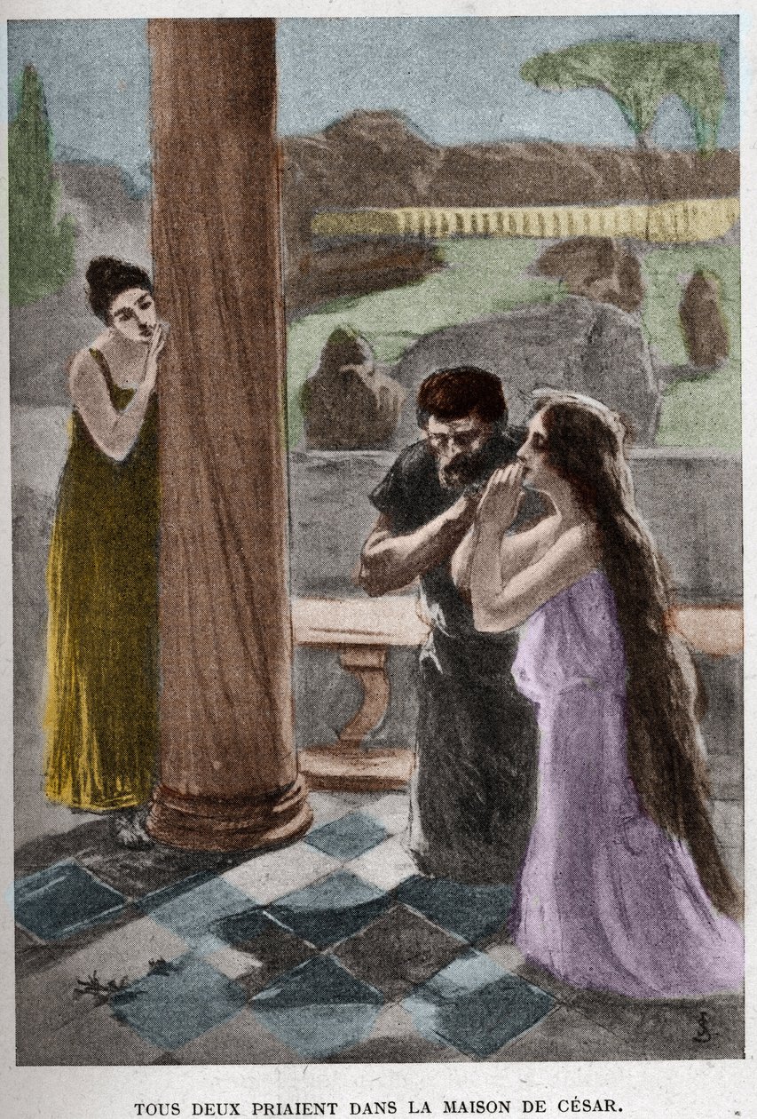 صلى كلاهما في منزل سيزار (الفصل الثامن) في صورة توضيحية لجان ستيكا (1858-1925) من أجل رواية هنريك سينكيويتز "Quo Vadis". بواسطة جان ستيكا