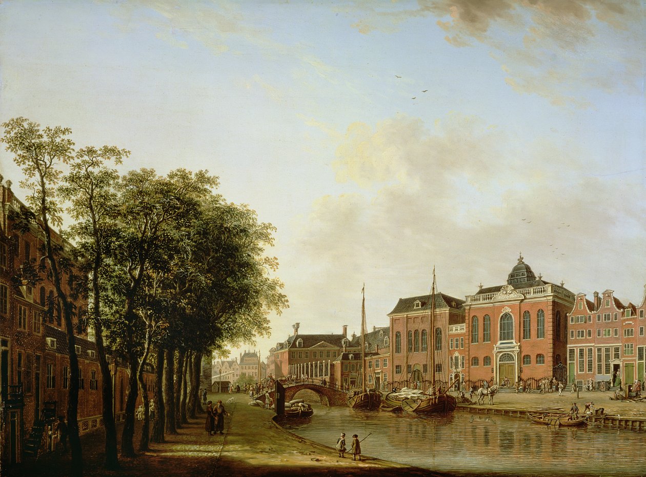 Houtegracht ، الآن جوناس دانيال ميجيربلين ، أمستردام ، مع الكنس الأشكنازي ، الأرسنال ، الكنيس البرتغالي ومراكب الإبحار بواسطة جان تن كومب
