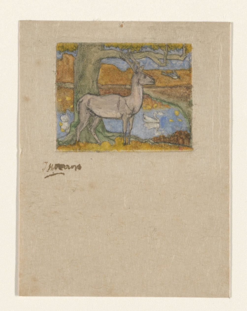 غزال بجانب شجرة أمام بركة أيل بجانب شجرة (العنوان الأصلي) بواسطة جان تروب (توقيع الفنان)