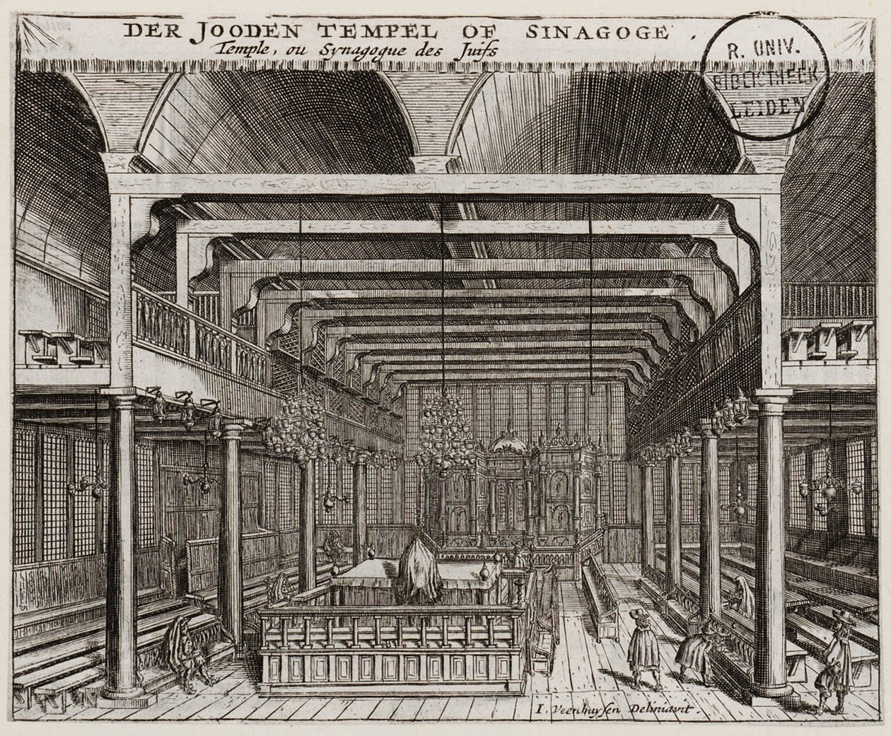 داخل الكنيس البرتغالي في أمستردام - فينهوايسن ، يناير (نشط في 1656-1685) - نقش نحاسي - 11.2 × 13.7 - مكتبة جامعة ليدن بواسطة جان فينهويسن
