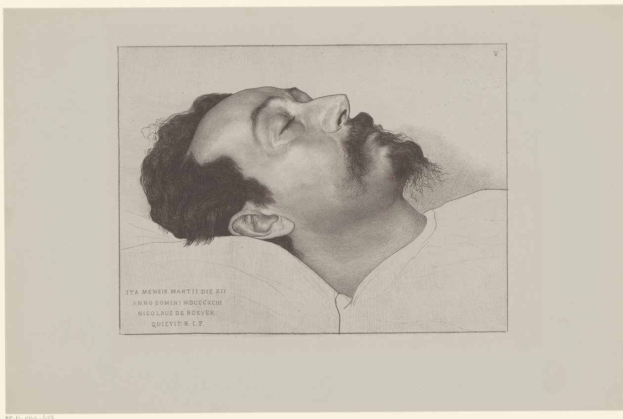 Nicolaas de Roever op zijn doodsbed وهكذا ، في الثاني عشر من مارس عام 18903 ، استراح نيكولاس دي روفيرر R.I.P. (العنوان على الكائن) بواسطة جان فيث