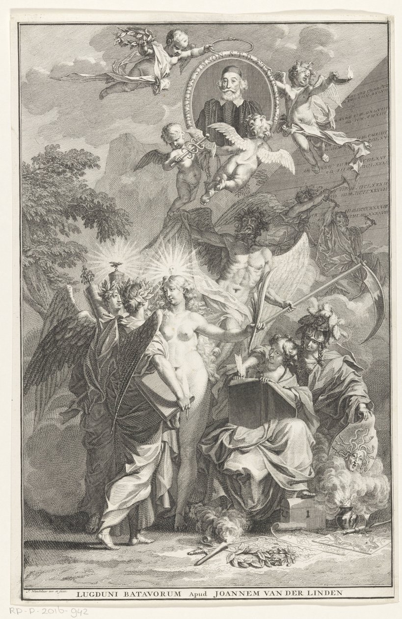 صفحة عنوان رمزية مع صورة للكاتب إدوارد سيمسون صفحة العنوان لـ: إدوارد سيمسون ، Chronicon historyiam catholicam complectens ، 1729 بواسطة جان وانديلار