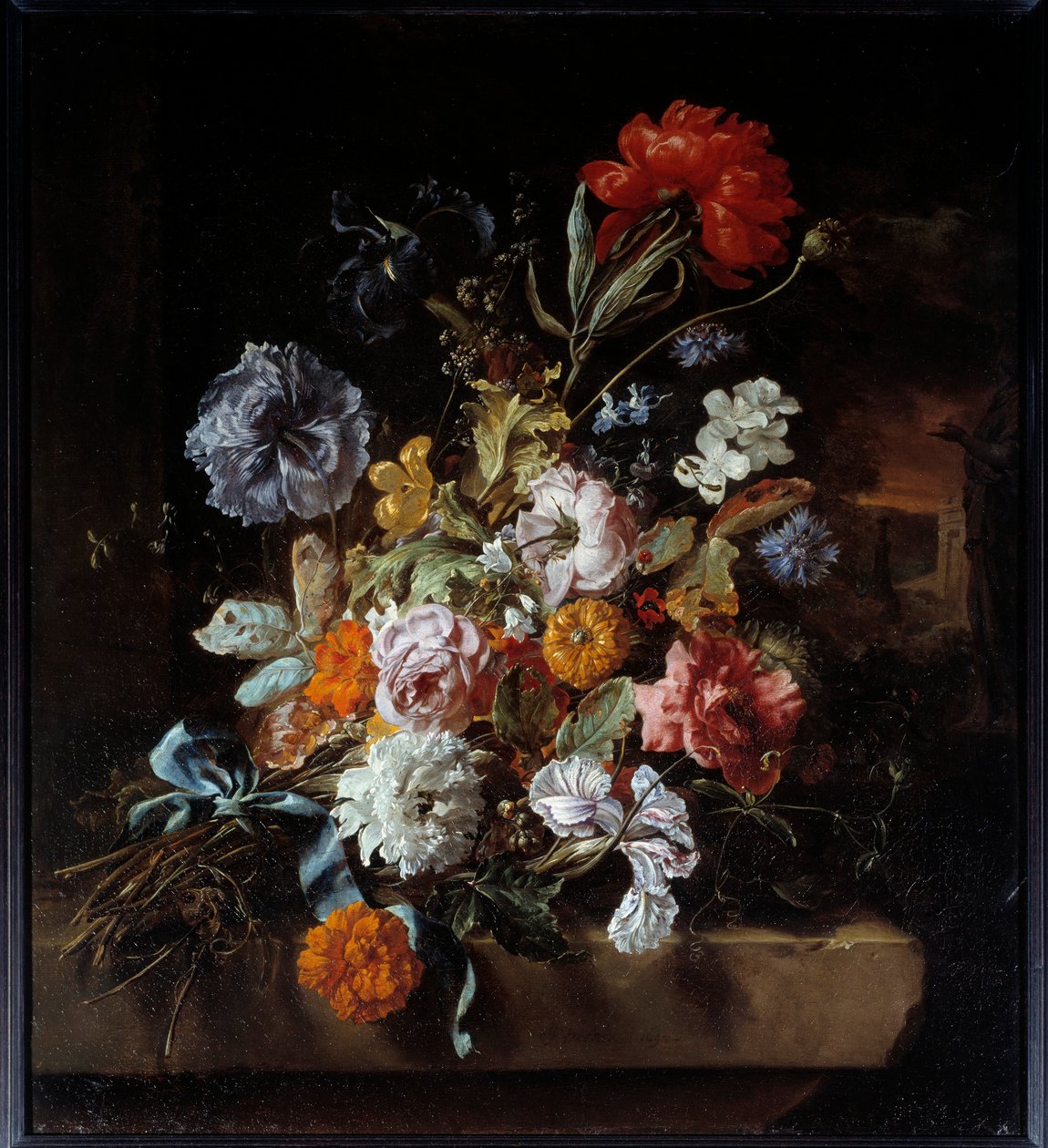 باقة من الزهور المودعة على مقعد حجري لوحة بواسطة Jan Weenix (1640-1719) 1694 Sun. 0،74 × 0،67 م ليون ، متحف الفنون الجميلة بواسطة جان بابتيست وينيكس