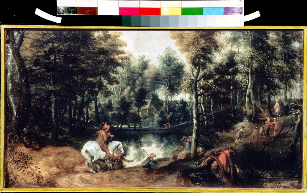 فرسان في الغابة. رسم جان ويلدنز (1586-1653). زيت على خشب ، 32.5 × 59.3 سم ، حوالي 1620. فن فلمنكي من القرن السادس عشر إلى الثامن عشر. متحف بوشكين للفنون الجميلة ، موسكو. بواسطة جان وايلدن