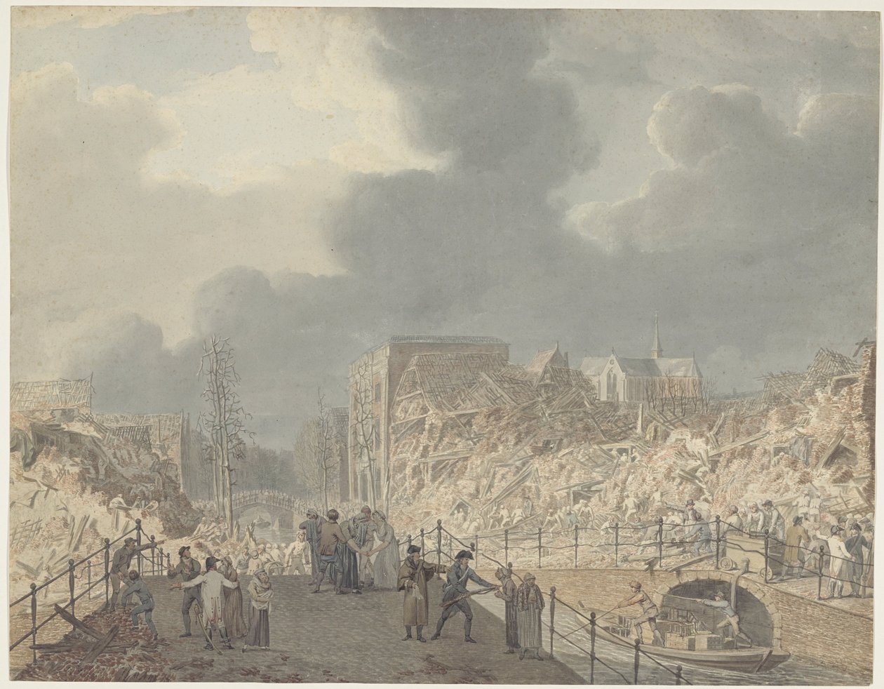 منظر لأطلال Rapenburg في Leiden بعد انفجار سفينة البارود في 12 يناير 1807 بواسطة جان ويليم بينمان