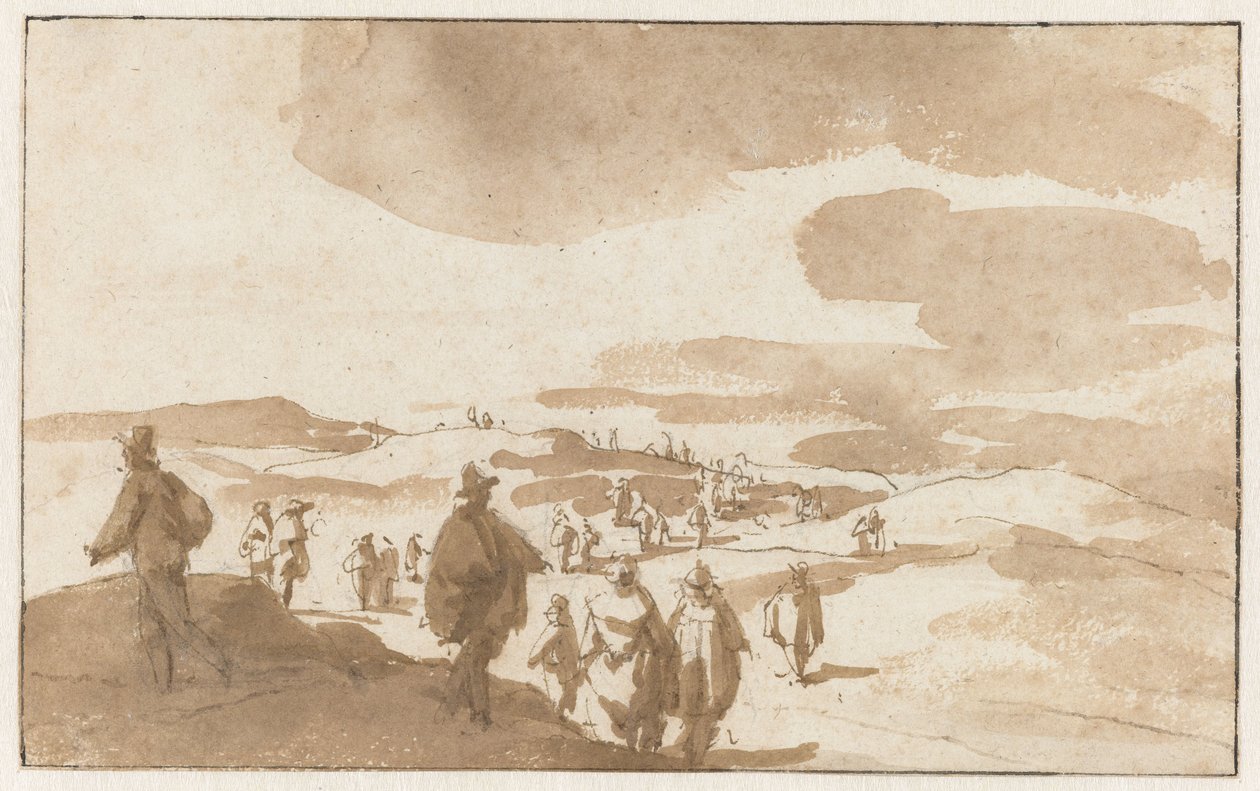 رسمان تخطيطيان لأشكال على الكثبان الرملية بالقرب من Scheveningen الناس في الكثبان الرملية في Scheveningen بواسطة جان دي بيشوب