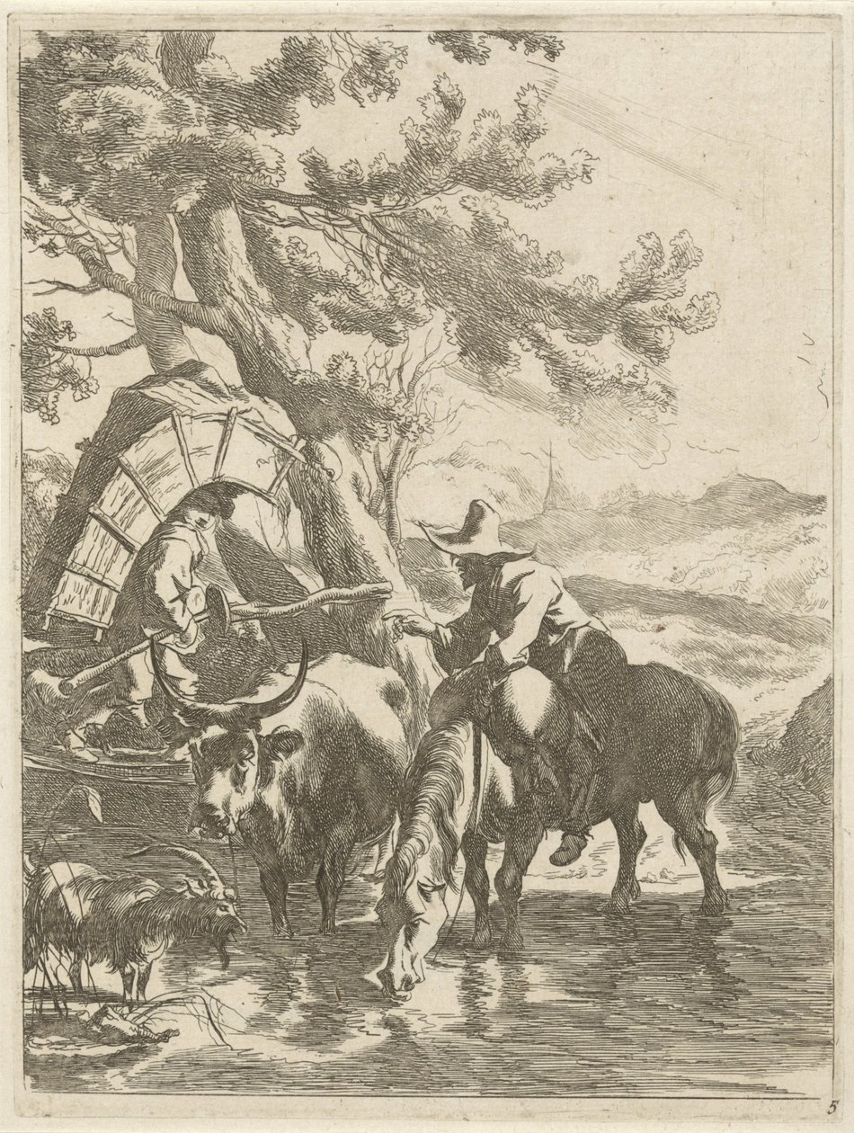 الراعي والصبي معبأ بجانب جدول المناظر الطبيعية مع الحيوانات (عنوان السلسلة) Diversa Animalia (عنوان السلسلة على الكائن) بواسطة جان دي فيشر
