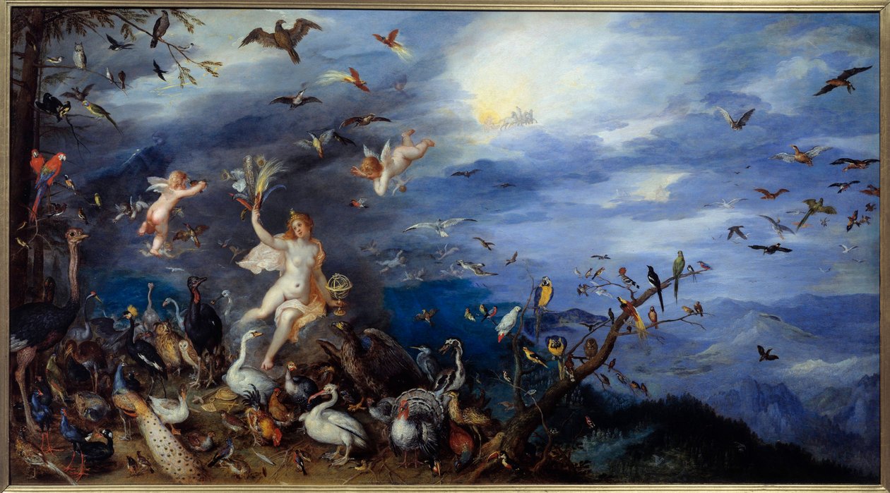 رمزية الهواء امرأة شابة عارية محاطة بجميع أنواع الطيور. اللوحة بواسطة Jan Breugel Le Vieux تستدعي Bruegel de Velours (Brueghel أو Breughel بواسطة جان الأكبر بروغل