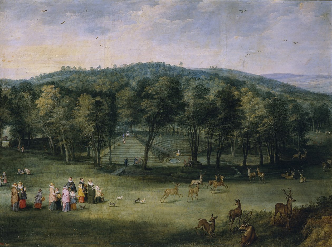 Infanta Isabella Clara Eugenia من إسبانيا في Parc de Mariemont ، الثلث الأول من القرن السابع عشر. بواسطة جان الأكبر بروغل