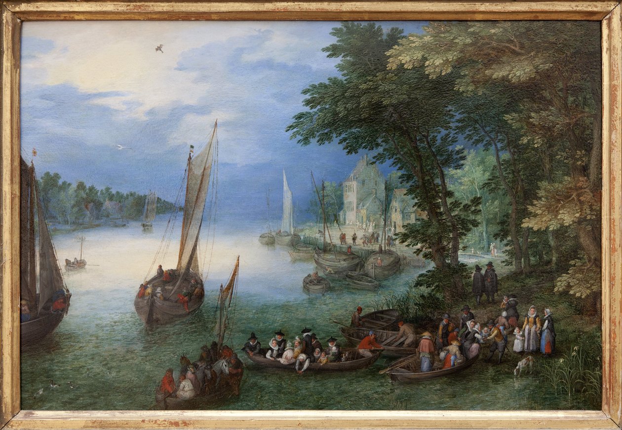 مشهد النهر أو النباح ، لوحة زيتية على النحاس رسمها جان بروغيل ، ديت Brueghel de Velours (1568-1625) ، حوالي 1605. الأبعاد: 24 × 36 سم. تصوير ، كيم يونغتاي ، نانت ، متحف الفنون الجميلة في نانت. بواسطة جان الأكبر بروغل