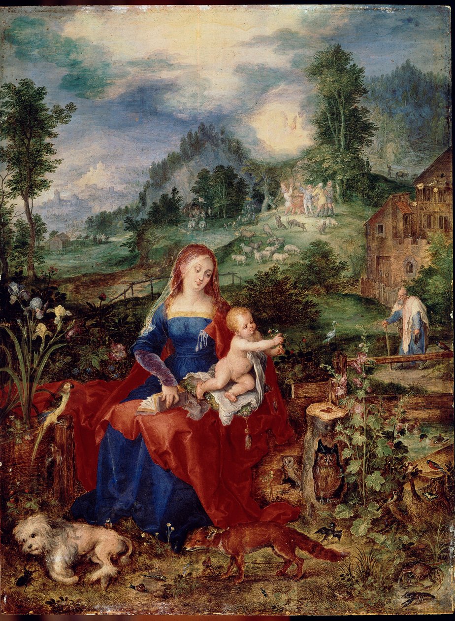 The Holy Family with Virgin animals flipping through a book, and holding the child Jesus, surrounded by a dog, fox, birds, crab, owl, parrot; frog, snail and iris. Painting by Jan Breugel the Elder calls Bruegel de Velours (Brueghel or Breughel بواسطة جان الأكبر بروغل