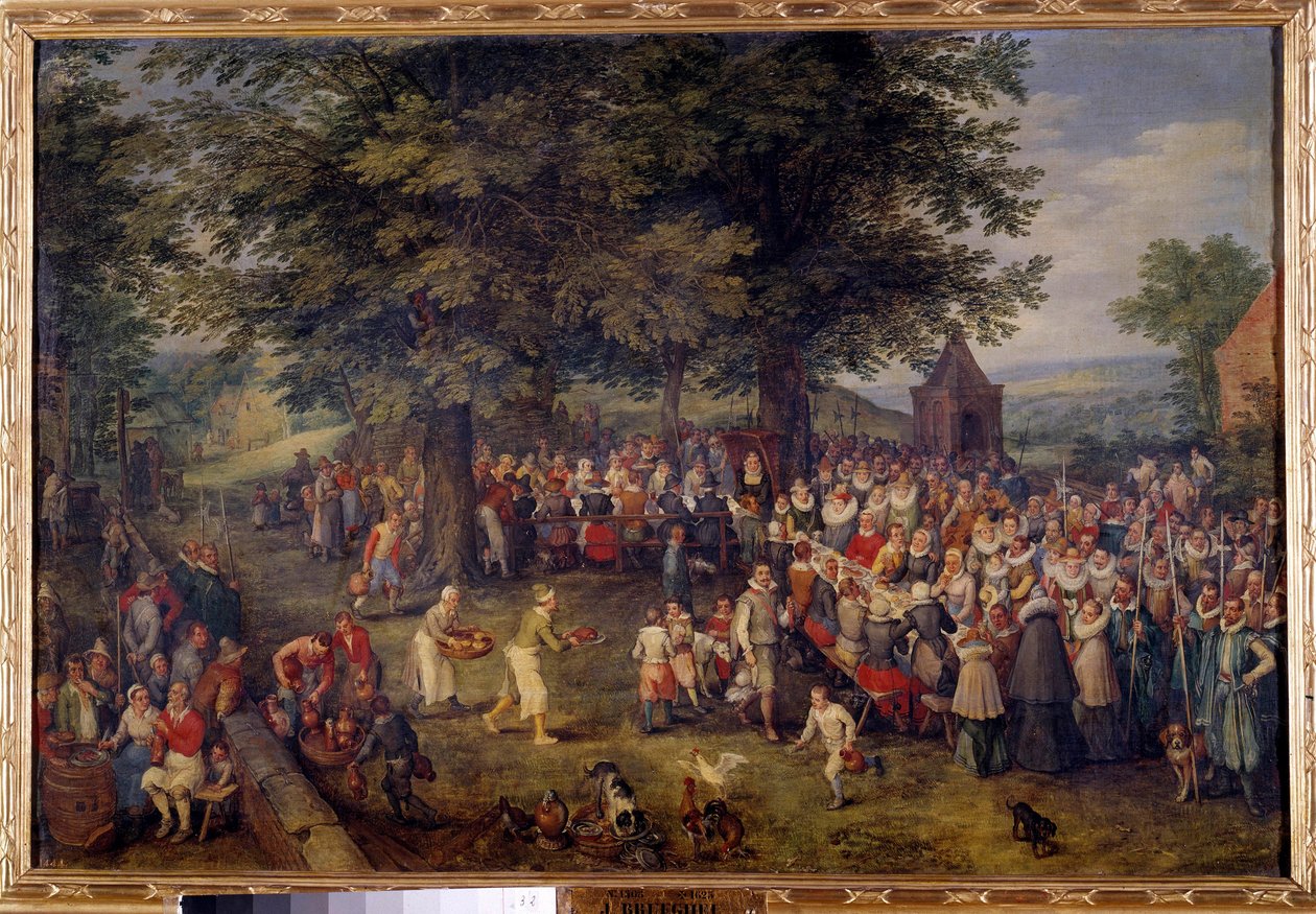 مأدبة زفاف عشاء زفاف مشهد في قرية. رسم جان بروجيل (أو Bruegel أو Brueghel أو Brueghel) المعروف سابقًا باسم Bruegel de Velours (1568-1625) في القرن السابع عشر ، مدريد ، متحف دو برادو بواسطة جان الأكبر بروغل