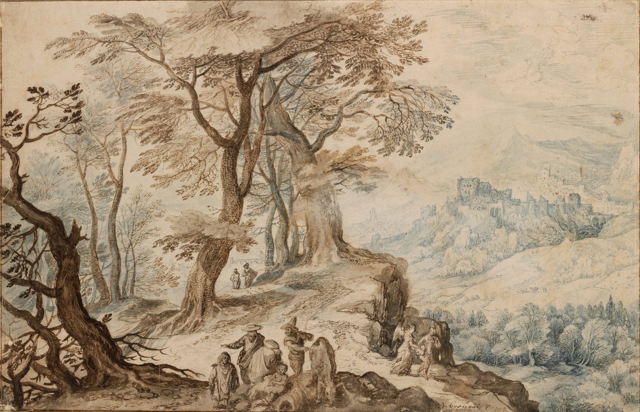 منظر طبيعي مع Tobias (Tobie) والملاك - Peinture de Jan Brueghel الأصغر (1601-1678) - 1596 - قلم وفرشاة ولون بني وطباشير أسود ولون مائي على ورق - 20،2x31،3 - Szepmuveszeti Muzeum ، بودابست بواسطة يان الأصغر Bruegel
