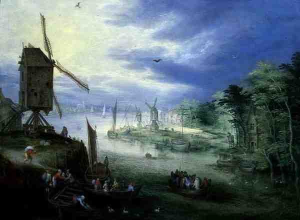 منظر طبيعي للنهر مع طواحين هواء (زيت على لوح) بواسطة يان الأصغر Bruegel