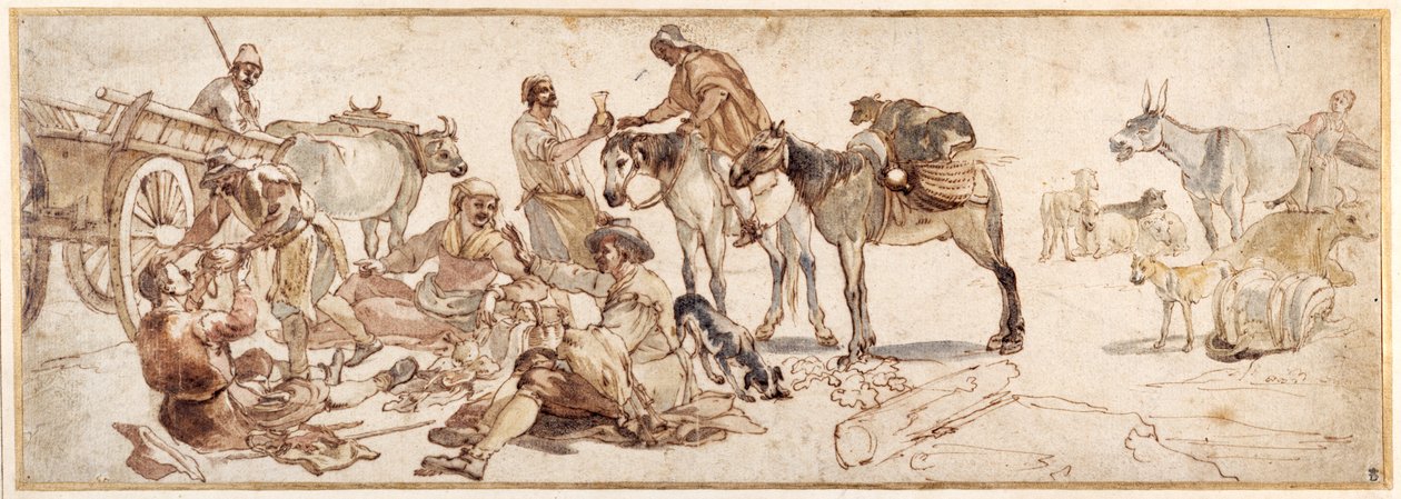 Countryfolk resting to picnic by the roadside (pen & ink with watercolor on paper) بواسطة جان فان بايك ميل