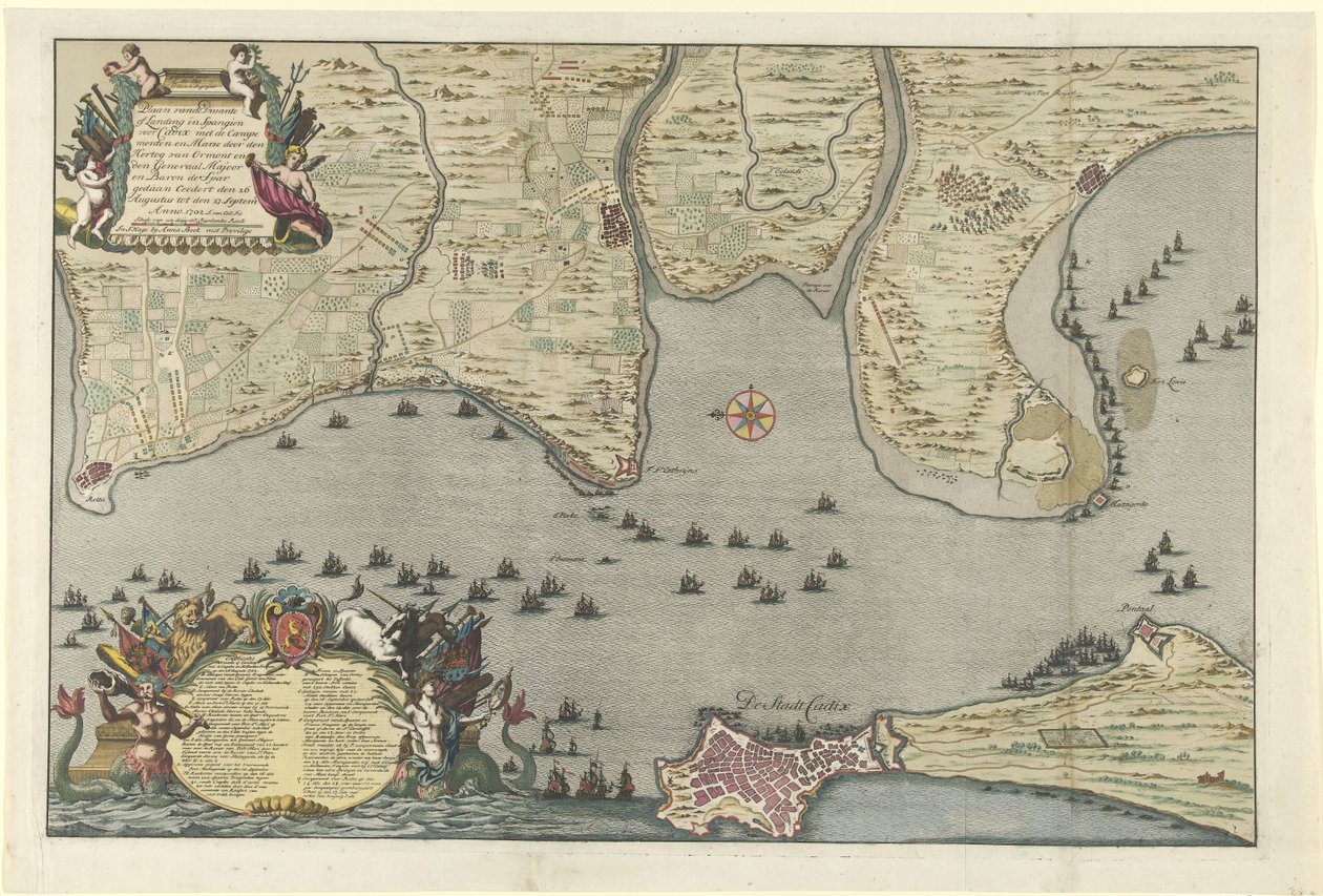 خريطة هبوط الحلفاء ورحلته الاستكشافية في قادس ، 1702 خطة Dissante أو الهبوط في Spangien لـ Cadix مع Campements and Marse التي قام بها دوق Ormont واللواء والبارون دي سبار Ceedert في 26 أغسطس إلى بواسطة جان فان كول (أنا)