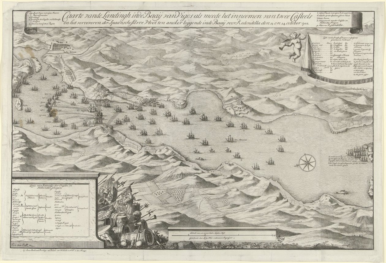 معركة بحرية في خليج فيجو والاستيلاء على الأسطول الفضي الإسباني ، 1702 Carte vande Landingh في خليج فيغوس كجزء من الاستيلاء على اثنين من Casteels والاستيلاء على أسطول الفضة الإسباني الراسخ في الخليج لصالح Redondella den بواسطة جان فان كول (أنا)