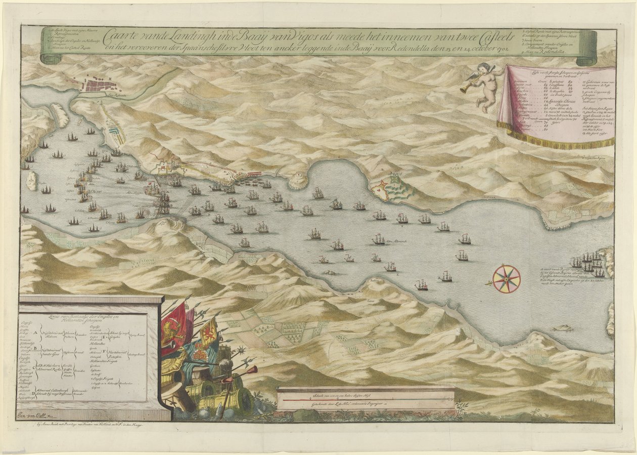 معركة بحرية في خليج فيجو والاستيلاء على الأسطول الفضي الإسباني ، 1702 Carte vande Landingh في خليج فيغوس كجزء من الاستيلاء على اثنين من Casteels والاستيلاء على أسطول الفضة الإسباني الراسخ في الخليج لصالح Redondella den بواسطة جان فان كول (أنا)