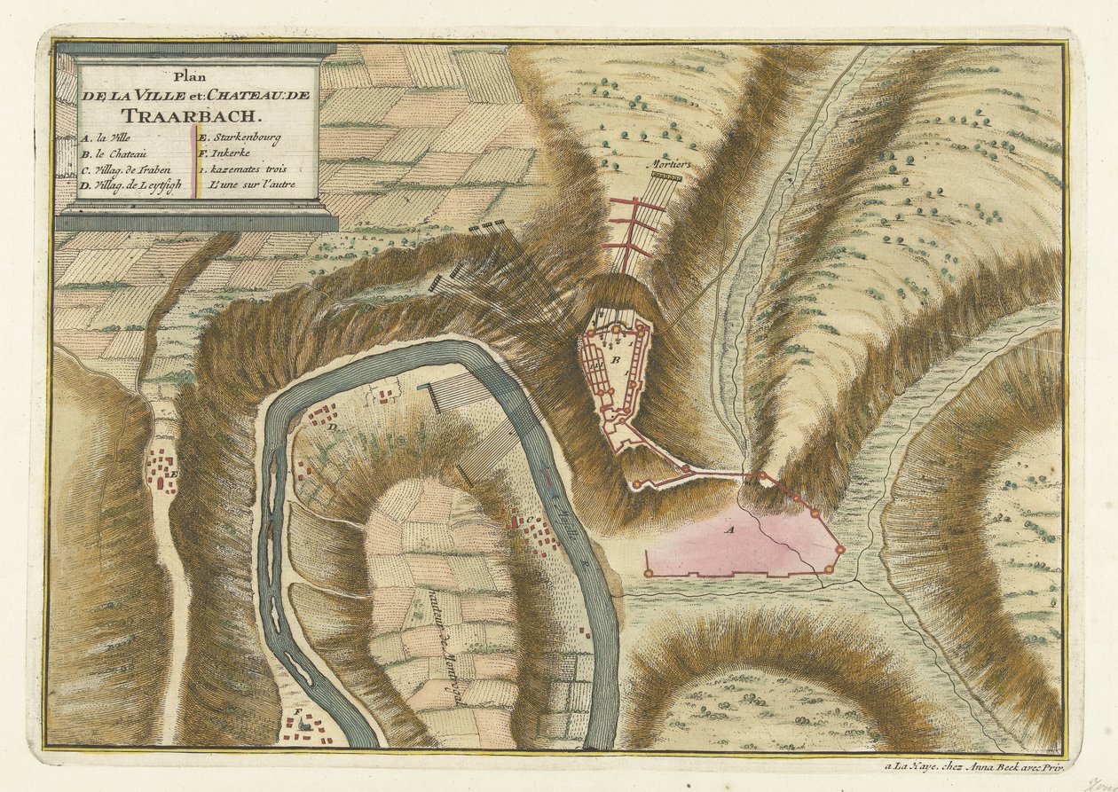 خريطة قرية وقلعة ترارباخ ، 1704 Plan de la Ville et: Chateau: de Traarbach (العنوان على الجسم) بواسطة جان فان كول (الثاني) (منسوب إلى)