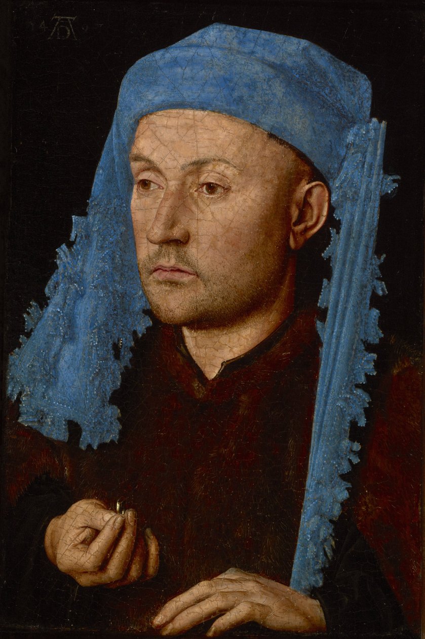 الهولندية: Portret van van onbekende een man met blauwe kaproen رجل بقبعة زرقاء / رجل بخاتم / صورة لرجل مجهول بقبعة زرقاء بواسطة جان فان إيك