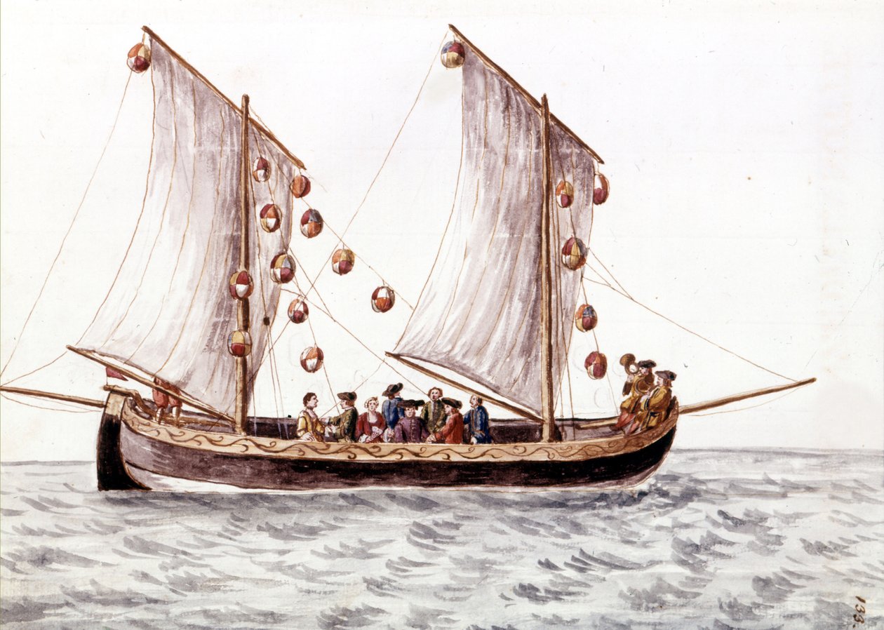 تراباك فينيسي مع فوانيس ، قارب صيد يستخدم في المياه الضحلة مثل البحر الأدرياتيكي ، رسم بالألوان المائية وحبر من مخطوطة "" عادات البندقية "" بقلم جان فان جريفينبروك (أو جيوفاني جريفينبروش (جريفينبروش) (1731-1807) بواسطة جان فان جريفينبروك