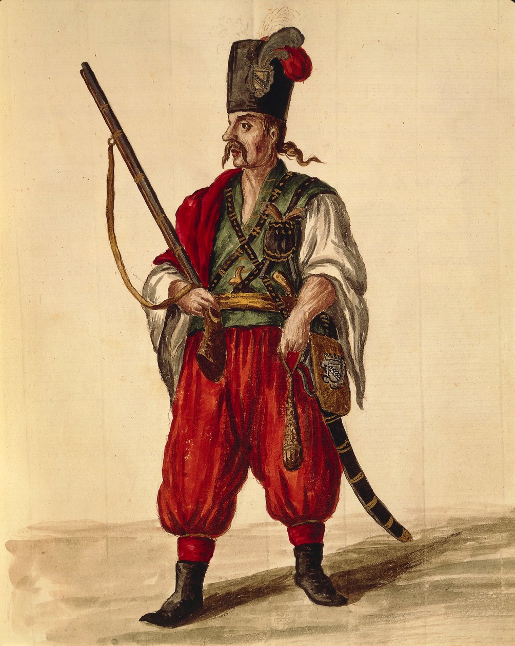 زي كارابينير ، بقلم جان فان جريفينبروك أو جيوفاني جريفمبروش (1731-1807) ، غلي دون دي فينيزياني ، من كتاب مصور للأزياء ، ألوان مائية بواسطة جان فان جريفينبروك