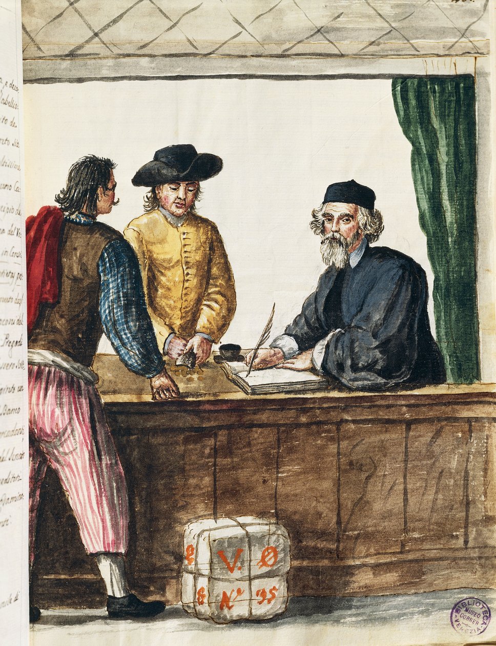تاجر مميز ، رسم توضيحي من كتاب مصور لأزياء البندقية ، بقلم جان جريفينبروك (1731-1807) ، ألوان مائية ، إيطاليا بواسطة جان فان جريفينبروك
