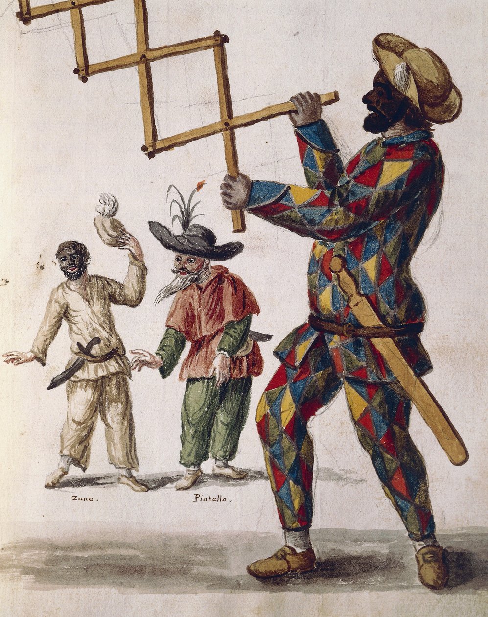 Harlequin ، شخصية Commedia dell'arte ، رسم توضيحي من كتاب مصور لأزياء البندقية ، بقلم جان جريفينبروك (1731-1807) ، ألوان مائية ، إيطاليا بواسطة جان فان جريفينبروك