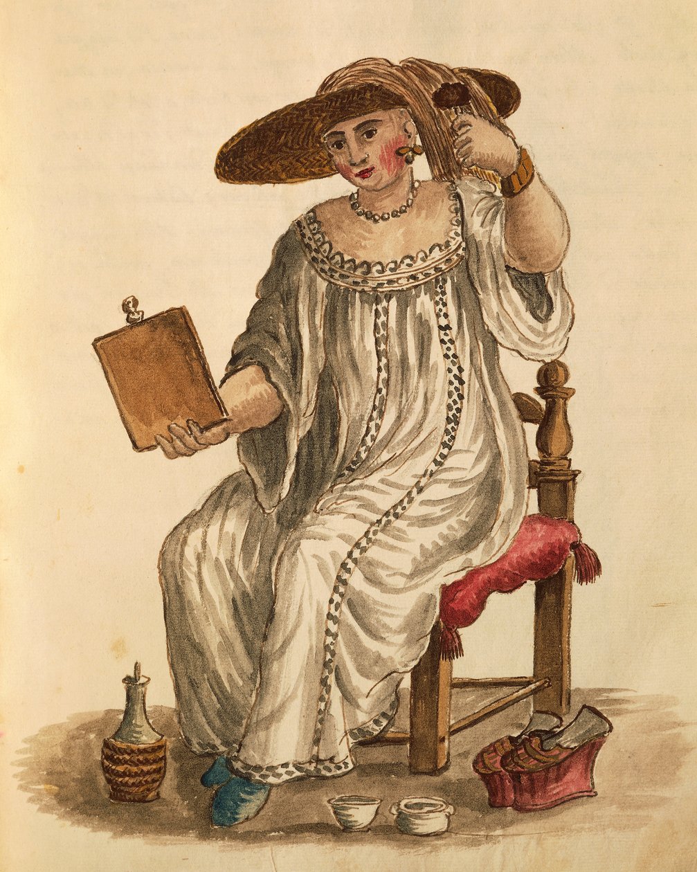 سيدة تضع مكياجها ، بقلم جان فان جريفينبروك أو جيوفاني جريفمبروش (1731-1807) ، غلي أبيتي دي فينيزياني ، من كتاب مصور للأزياء ، ألوان مائية بواسطة جان فان جريفينبروك