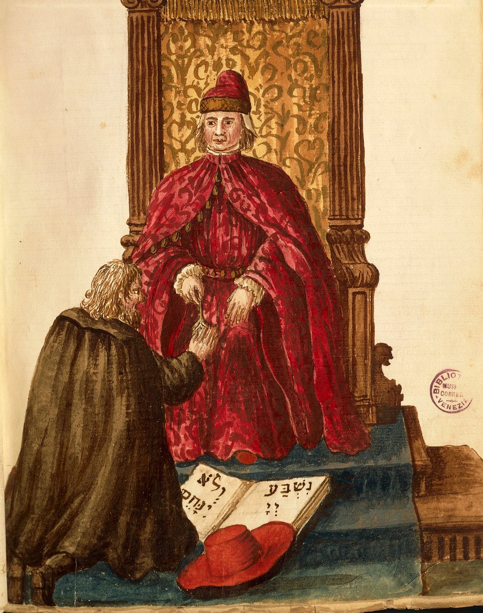 شخصية بارزة في الجمهورية تقسم الولاء إلى Venetian Doge ، بواسطة Jan van Grevenbroeck أو Giovanni Grevembroch (1731-1807) ، Gli Abiti de Veneziani ، من كتاب مصور للأزياء ، ألوان مائية بواسطة جان فان جريفينبروك